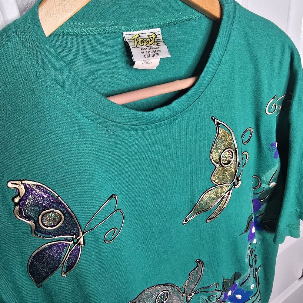Fast Vintage Butterfly Embellished Green Shirt Women One Size (XL)